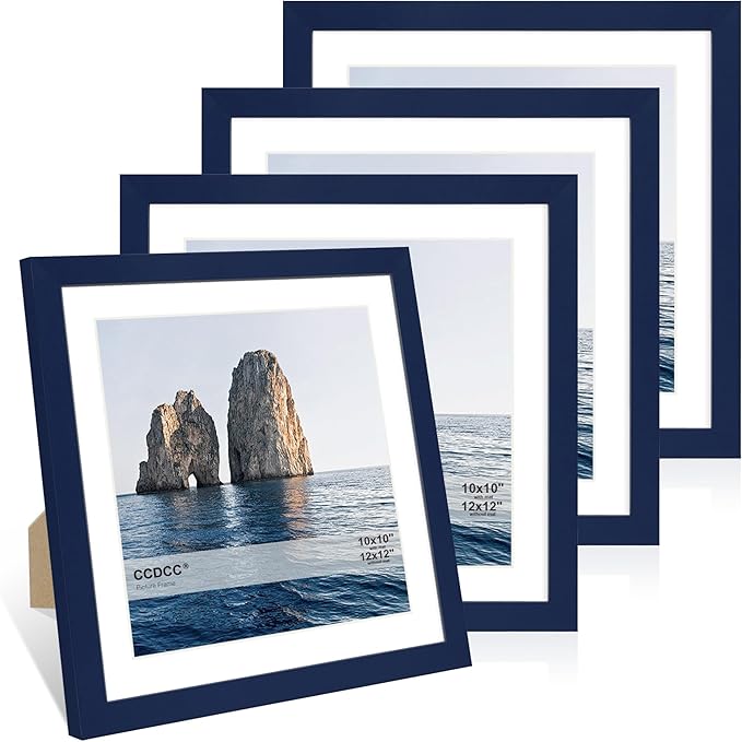 12x12 Picture Frame Set of 4, 12 x 12 Wood Photo Frames with Mat for 10x10 or 30x30cm Diamond Painting Art, Wooden Frame with Real Glass Cover for Wall and Tabletop Display,Blue-CasaMuseHome