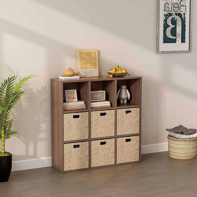 9-Cube Storage Shelf Bookcase - Wooden 3-Tier Floor Standing Open Bookshelf for Home and Office, Cuby Orgainzer, Walnut-CasaMuseHome