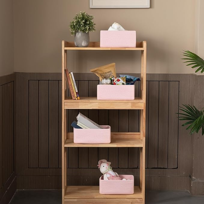 4 Pack Small Storage Shelf Baskets for Organizing, Mini Woven Rope Storage Bins for Towels, Cute Decorative Closet Organizer，Baby Nursery, Gift Empty Baskets -11.81''Lx7.87''Wx4.72''H-Pink-CasaMuseHome
