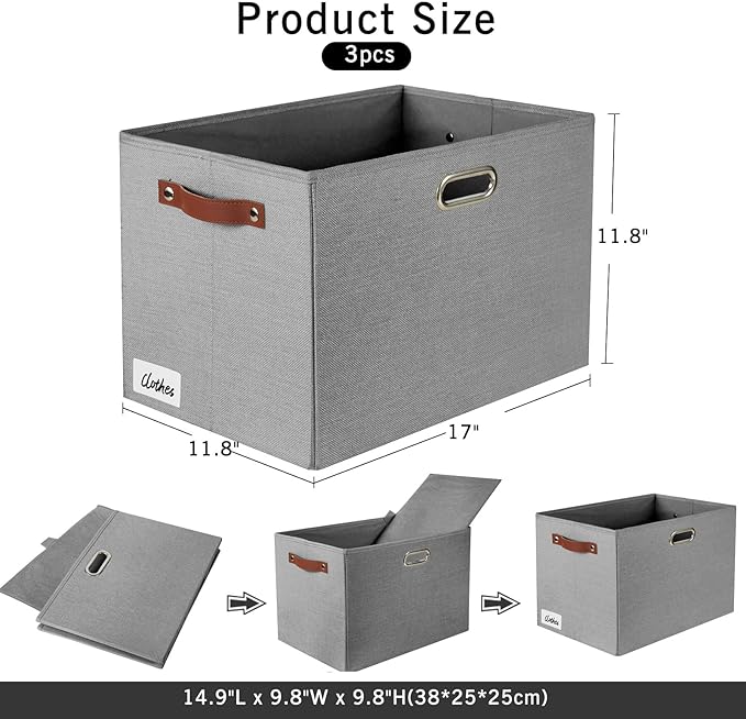 3-Pack Foldable Fabric Storage Bins with Durable PU & Metal Handles, Collapsible Storage Baskets for Shelves, Home Storage, Closet Organizers, Living Room(17"x11.8"x11.8", Grey)-CasaMuseHome