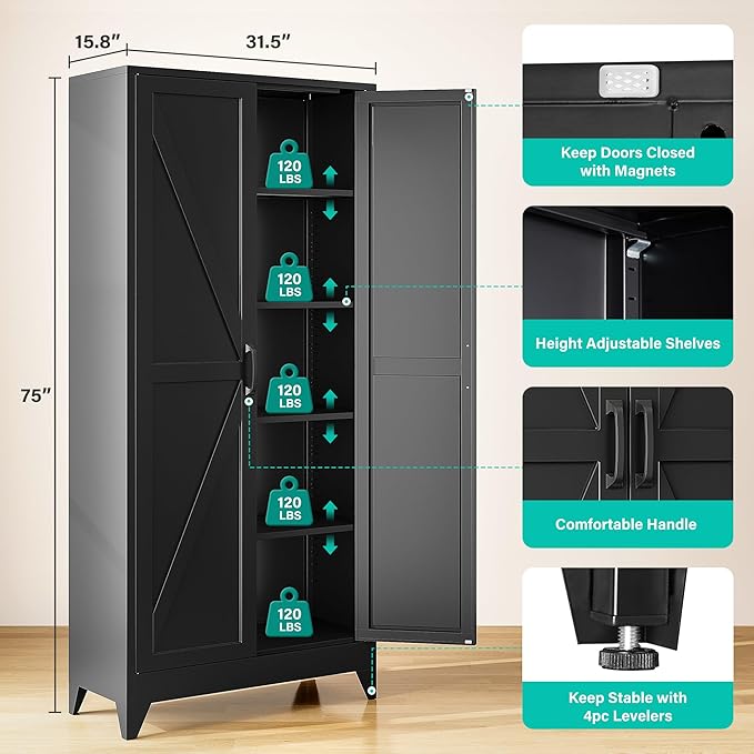 75" Tall Pantry Cabinet,Farmhouse Kitchen Pantry Storage Cabinets with 2 Doors and 5 Shelves,Black Metal Storage Cabinet,Large Cupboard for Home,Kitchen,Dining/Living Room-CasaMuseHome
