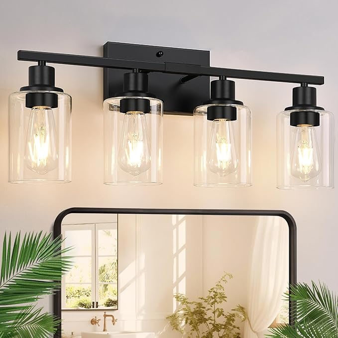 4-Light Bathroom Light Fixtures, Matte Black Modern Vanity Lights with Clear Glass Shades, Bathroom Wall Lamp for Mirror Living Room Cabinet Bedroom Porch-CasaMuseHome