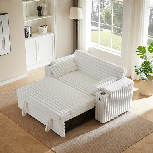 68.11" Corduroy Sleeper Chair Bed with USB Port, Cup Holders & Side Storage Pockets – 3-in-1 Foldable Sofa Bed for Guest Room, Living Room -White-CasaMuseHome