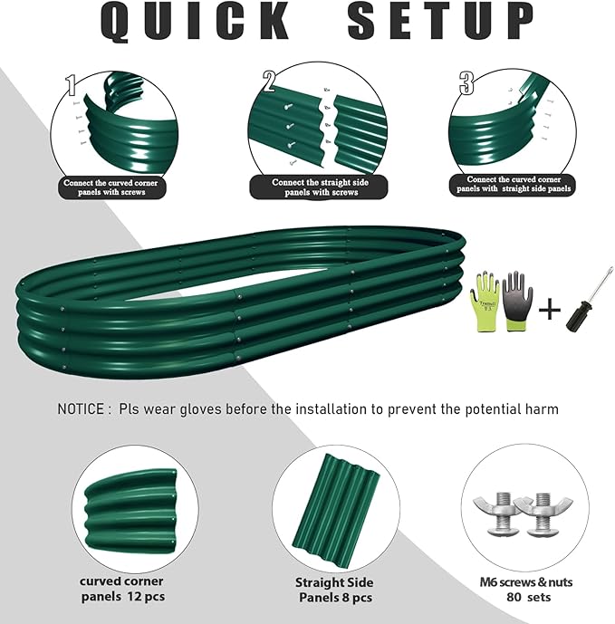 2 Pack 8x4x1FT Galvanized Raised Garden Bed Kit Oval Metal Ground Planter Box Outdoor Bottomless Planter Raised Beds for Vegetables Flowers Herbs Fruits, Green-CasaMuseHome