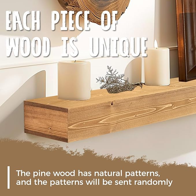 72x8x3 Fireplace Mantel - Handcrafted Hollow Rustic Solid Wood Wall Mounted Floating Shelf with Invisible Heavy Duty Wood Bracket (Natural Wood)-CasaMuseHome