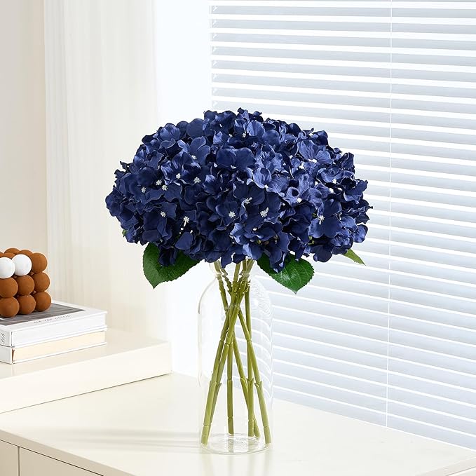 8Pcs Navy Blue Fake Flowers Silk Hydrangea Artificial Flowers Bouquets Faux Hydrangea Stems for Home Table Centerpieces Wedding Party Decoration-CasaMuseHome