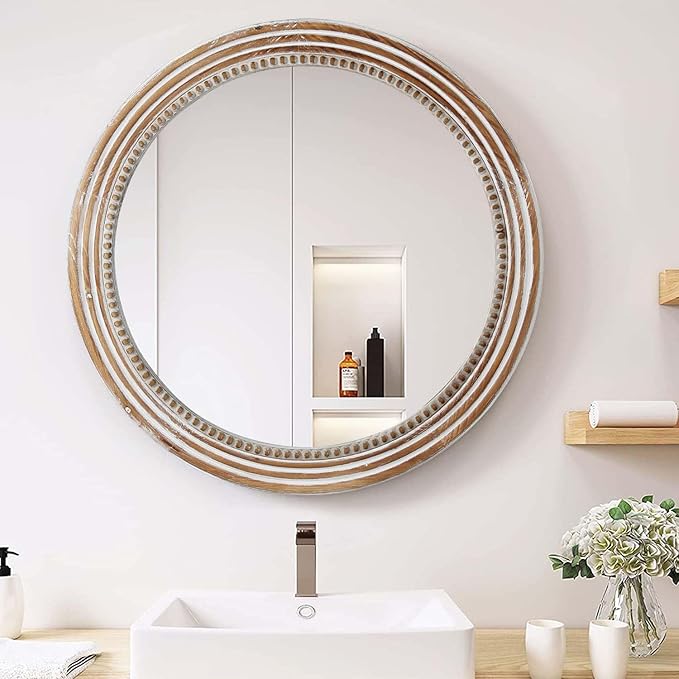 24 Inch Rustic Round Mirror - Farmhouse Vintage Bathroom Vanity Mirror, Wall-Mounted Round Mirrors for Bathroom Sink, Bedroom & Living Room and Framed Decorative Restroom Mirror-CasaMuseHome