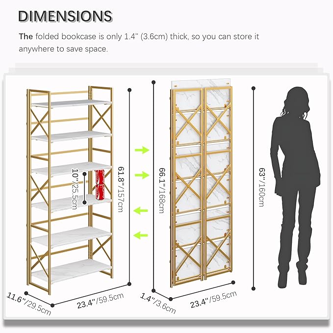 4NM 6 Tiers No Assembly Book Shelves, 61.8" H Folding Bookshelf Bookcase Open Industrial Foldable Shelves for Bedroom, Living Room, Home Office - White Gold-CasaMuseHome