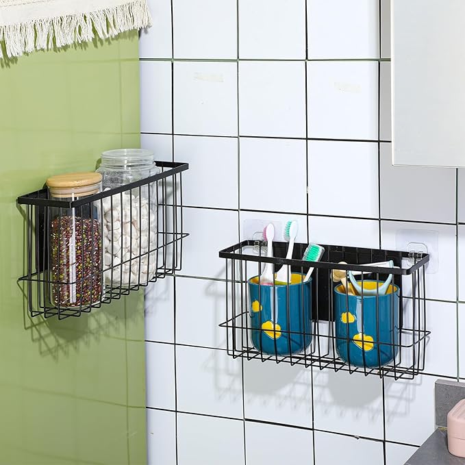 3 Pcs Magnetic or Adhesive Refrigerator Organizer Magnetic Baskets Kitchen Holder for Refrigerator Metal Shelf Rack Storage with 2 Types of Installation(Black)-CasaMuseHome