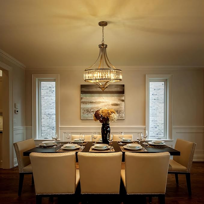 20" Brushed Nickel Chandeliers for Dining Room, 5-Light Modern Crystal Chandelier for Entryway, Hanging Round Light Fixture for Kitchen Island Living Room Bedroom Office Bathroom Staircase-CasaMuseHome