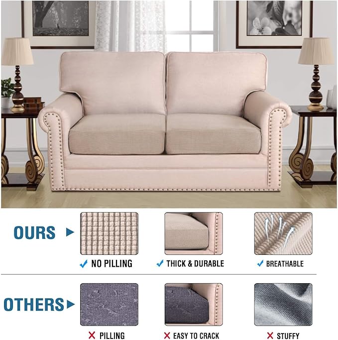 H.VERSAILTEX Super Stretch Individual Seat Cushion Covers Sofa Covers Couch Cushion Covers Slipcover Sets Thick Jacquard Textured Twill Fabric (2 Piece Medium Sofa Cushion Covers, Sand)-CasaMuseHome
