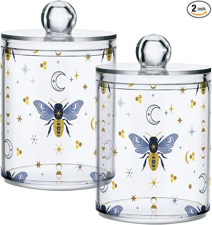 2 Pack Qtip Holder Organizer Dispenser Bee Boho Honeybee Insect Bathroom Storage Canister Cotton Ball Holder Container for Cotton Pads/Swabs/Floss-CasaMuseHome
