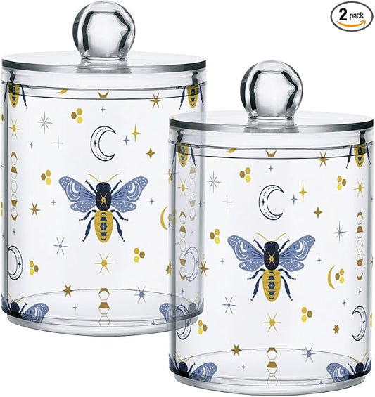2 Pack Qtip Holder Organizer Dispenser Bee Boho Honeybee Insect Bathroom Storage Canister Cotton Ball Holder Container for Cotton Pads/Swabs/Floss-CasaMuseHome