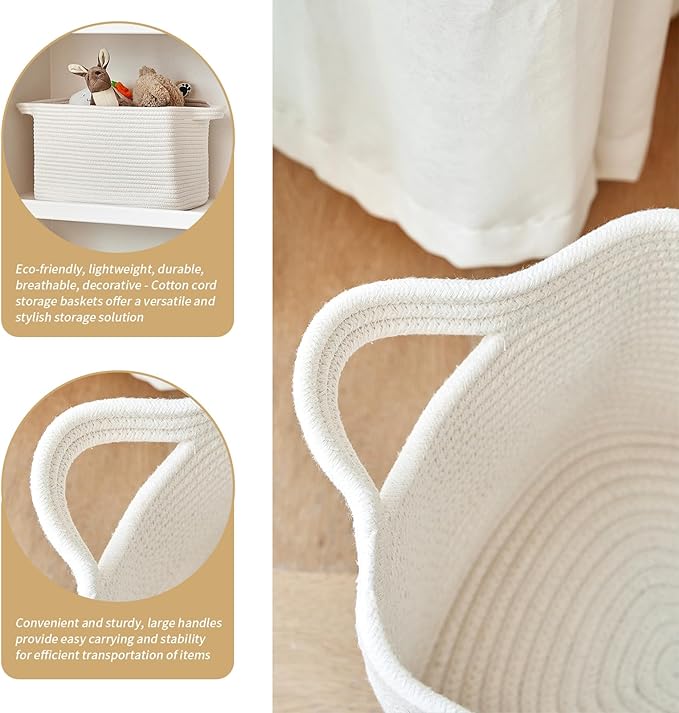3 Packs Cotton Rope Woven Basket With Handles for Shelves -15"*10.2"*9.1"(White)-CasaMuseHome