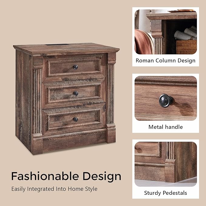 26" Tall Farmhouse Nightstand Set of 2, 3 Drawers End Table w/Charging Station, 23.6" Wide Large Side Table w/Roman Column, Wood Rustic Sofa Table for Bedroom, Light Brown-CasaMuseHome