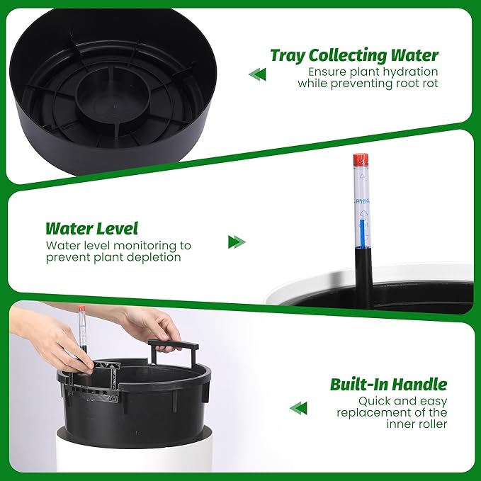 22" Tall Round Planter Set of 2, Self Watering Pots for Indoor Plants, Large Flower Pot Outdoor with Built-in Drainage and a Water Level Monitor, for Patio, Porch, Living Room, or Home Office, White-CasaMuseHome