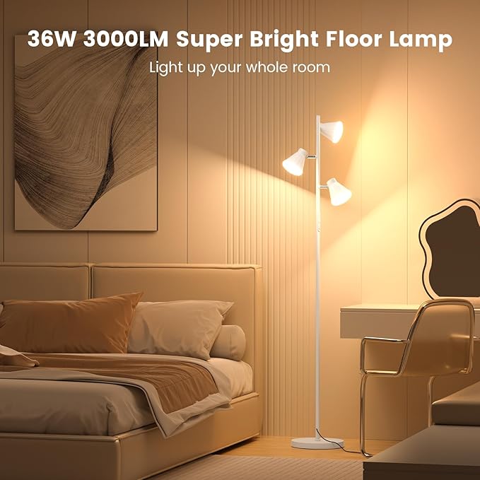 36W LED Tree Floor Lamp, Dimmable Tall Standing Lamp with Remote & Touch Control, 4 Color Temperatures Bright Floor Lamp, 3 Rotatable Light Modern Floor Lamps (White)-CasaMuseHome