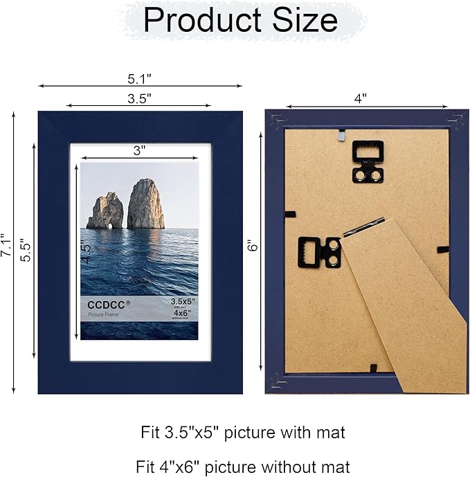 4x6 Picture Frame Set of 4, 4 x 6 Wood Photo Frames with Mat for 3.5x5, Natural Wooden Frame with Real Glass Cover for Wall and Tabletop Display,Blue-CasaMuseHome