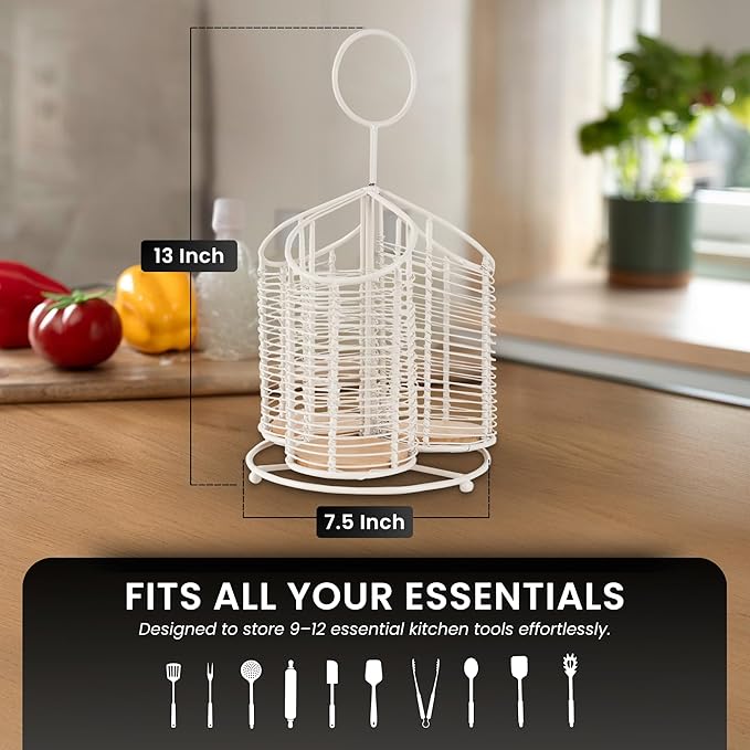 360° Rotating Kitchen Utensil Holder- 3 Compartment Organizer with Cork Bottom | Includes Premium 9-Piece Acacia Wood Utensil Set | Professional Luxury Design | Metal Utensil Crock (Matte white)-CasaMuseHome