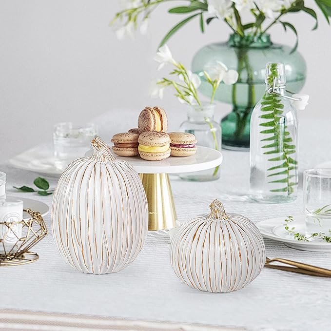 2Pcs Halloween Pumpkin Artificial Resin Pumpkins Decor for Mantel Harvest Autumn Tabletop Decoration Gold Fall Pumpkin Decorations Thanksgiving Table Centerpieces (Set B, ONE Size)-CasaMuseHome