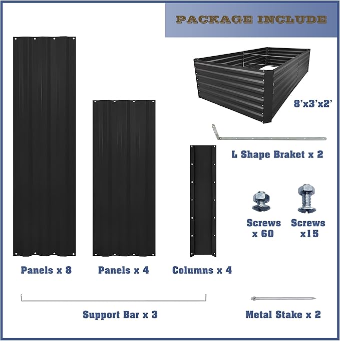 8x3x2FT Metal Raised Garden Bed Kit, Galvanized Outdoor Garden Bed Planter Box for Vegetables, Flowers, Herbs, Succulents and More, Black-CasaMuseHome