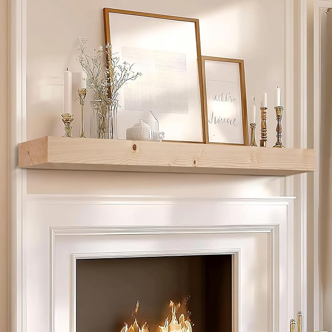 72x7x3 Fireplace Mantel - Solid Rustic Wood Wall Mounted Floating Shelf - DIY Color - with Invisible Heavy Duty Steel Bracket-CasaMuseHome