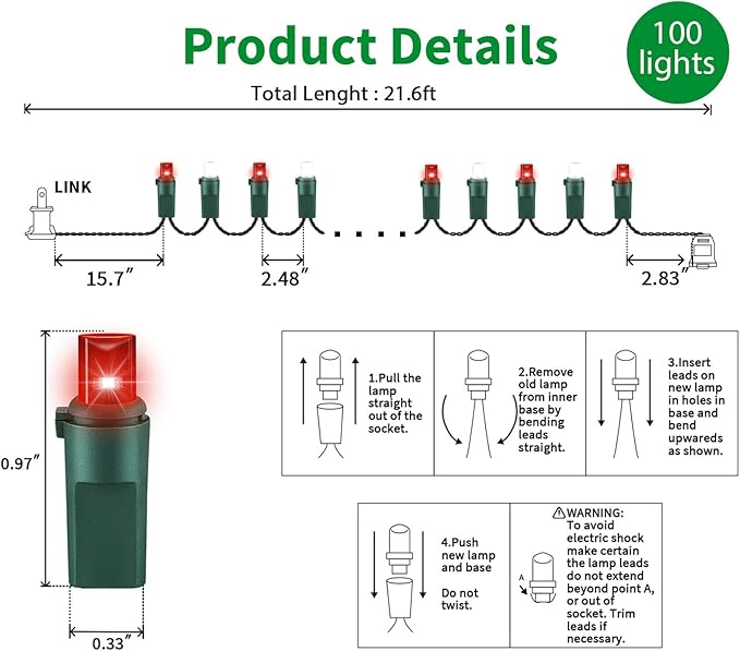 100 Count RED and White - String Lights - 21.6FT LED Christmas Lights, Mini led Lights for Indoor Outdoor Home Holiday Party Wedding Independence Day Decoration-CasaMuseHome