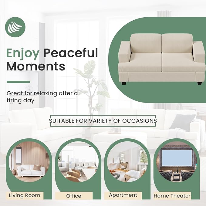 89" White Corduroy Sofa for Living Room, 3 Seater Cloud Couch, Deep Seat Floor Couch for Bedroom, Futon Modern Sofa Bed, White Corduroy-CasaMuseHome