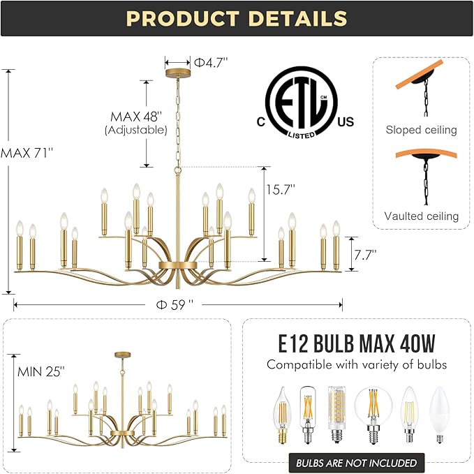 18 Light Gold Living Room Chandelier High Ceiling Foyer Candle Chandelier Large Modern Brass 59in Metal Chandeliers Hanging Light for Master Bedroom Dining Room Light Fixture Over Table-CasaMuseHome