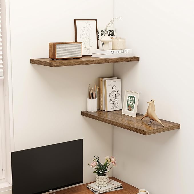 32" Floating Shelves for Wall, 12" Deep Slim Walnut Floating Shelves, Wall-Mounted Shelves for Bedroom, Living Room, Kitchen, Bathroom - Set of 2-CasaMuseHome