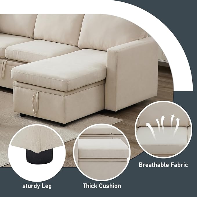 7 - Seater Sofa Bed, Large U - Shaped Modular Sectional Sofa, Oversized Pull - Out Sleeper with Storage for Living Room, Beige-CasaMuseHome