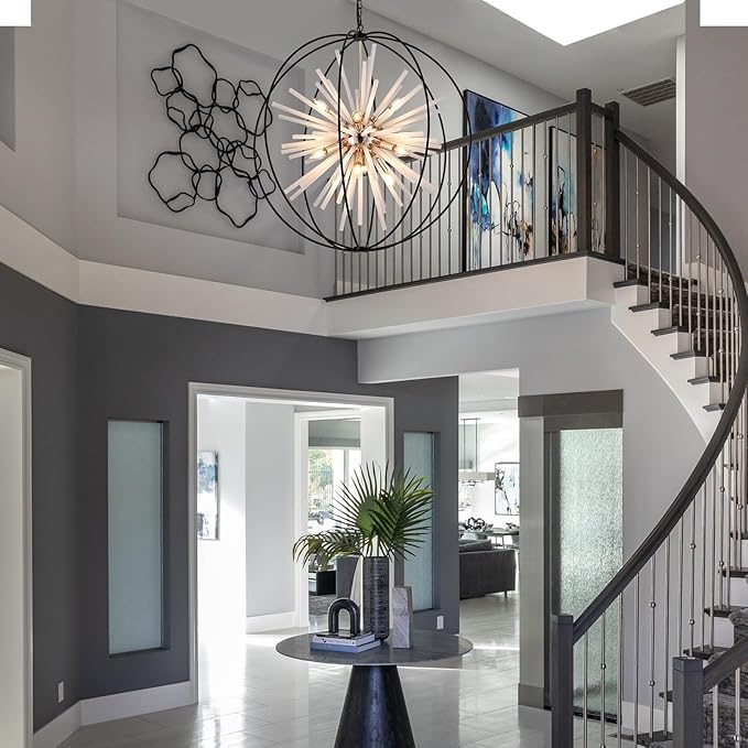 31.5" Black Gold 16-Light Globe Sputnik Chandelier Modern Industrial Adjustable Hanging Ceiling Pendant Light Fixture for Entryway Foyer Stairway Dining Living Room Hallway-CasaMuseHome