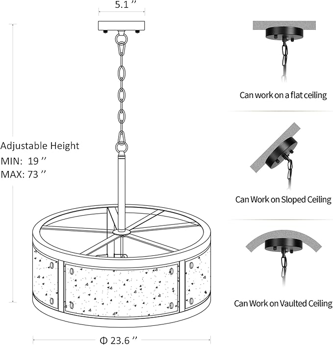 23.6" Large Farmhouse Drum Black Chandelier, 6-Light Vintage Round Glass Chandeliers for Dining Room, Industrial Light Fixture for Kitchen Living Room Stairwell, Clear Waterglass Drum Shade-CasaMuseHome