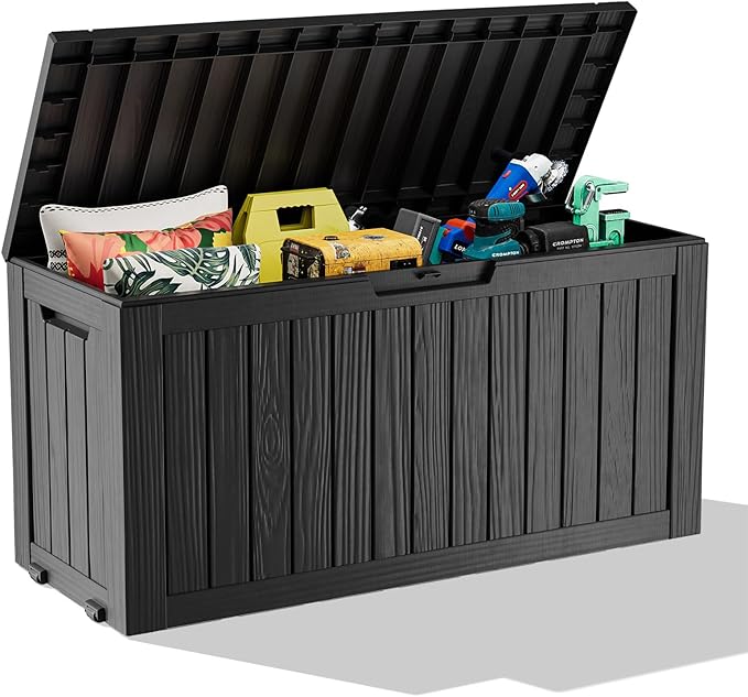 75 Gallon Resin Deck Box, Lockable Outdoor Storage Box for Patio Cushions Storage Furniture,Garden Tools, Pool Supplies, Weatherproof and UV Resistant（Black）-CasaMuseHome