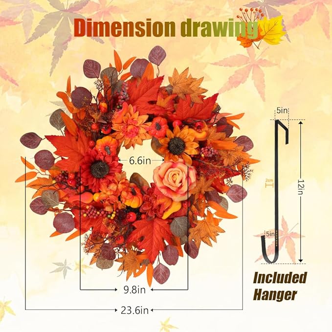 24" Fall Wreath for Front Door Outside - Sunflower, Pumpkin, Berry & Maple Leaves | Weatherproof Autumn Outdoor Wreaths with Hanger Hook for Thanksgiving, Harvest-CasaMuseHome