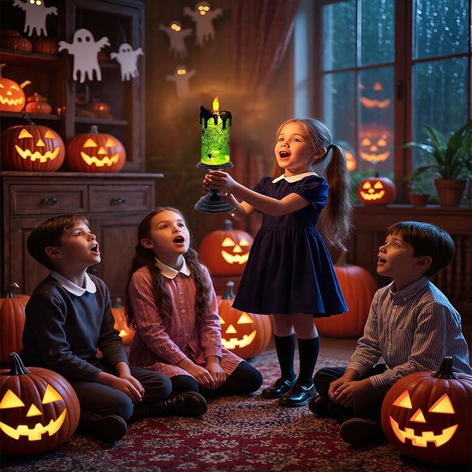 1.Halloween Snow Globe Tornado Flameless Candles Table Centerpiece for Celebration Party,Battery Operated LED Candle with 6 Hours Timer for Home Indoor Halloween Decoration (Spider)-CasaMuseHome