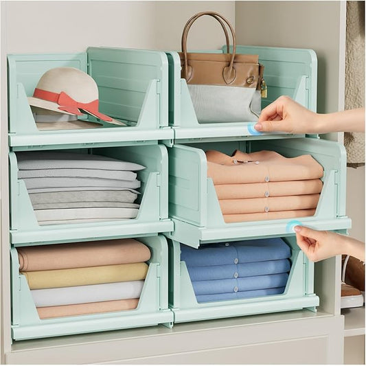 6 Pack Stackable Closet Storage Basket - Stackable Storage Bins, Multifunctional & Foldable Closet Organizer, Wardrobe Cupboard Space-Saving Hat Storage Drawer Organizer, Green-CasaMuseHome