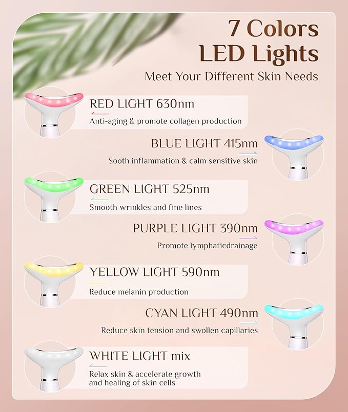 7 Color Galvanic Machines - Red Light Therapy for Face and Neck, Face Massager Tool for Wrinkles, Double Chin, Vibrating Facial Massager with Thermals, Pink-CasaMuseHome