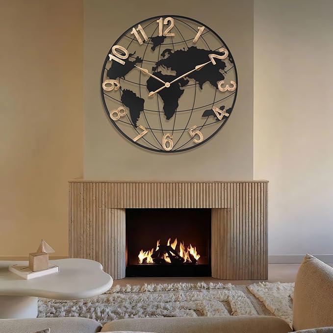 36 Inch Extra Giant Oversized Black Metal Wall Clock,Large Modern Decorative Silent World Map Wall Clock with Vintage Gold Arabic Numeral for Living Room,Entrance Fireplace,Dining Room Decor-CasaMuseHome