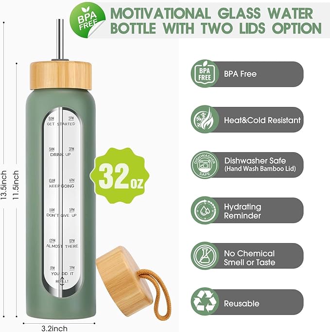 32 oz Glass Water Bottle with Straw - Motivational Time Marker & Silicone Sleeve - Reusable Tumbler Includes 2 Bamboo Lids & Fruit Infuser - 1 Pack-CasaMuseHome