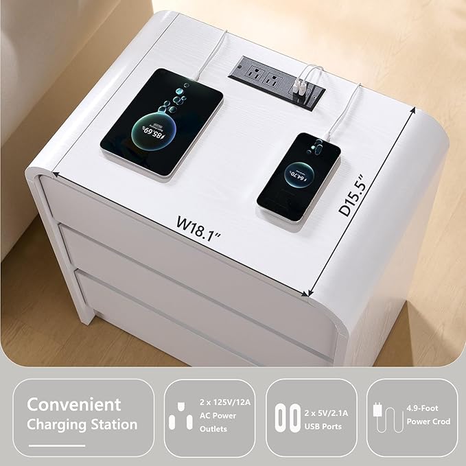 25" Tall Modern Nightstand with Charging Station, 23.6'' Wide Wood Bedside Table w/3 Storage Drawers, Small Dresser w/Curved Profile Design, End Table for Bedroom, White-CasaMuseHome