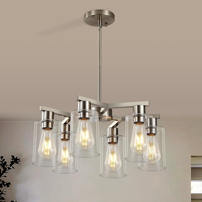 6-Light Modern Farmhouse Brushed Nickel Chandelier, Dining Room Light Fixture Over Table Adjustable Height Hanging Industrial Pendant Lights Kitchen Island, Clear Glass Shade-CasaMuseHome