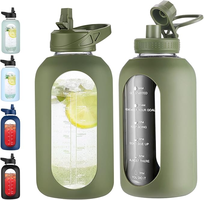 64 oz Glass Water Bottle With Straw and Handle, Half Gallon Sports Motivational Water Jug Flask with Silicone Sleeve, Large Water Cup with Time Marker for Travel, Gym, Army Green-CasaMuseHome