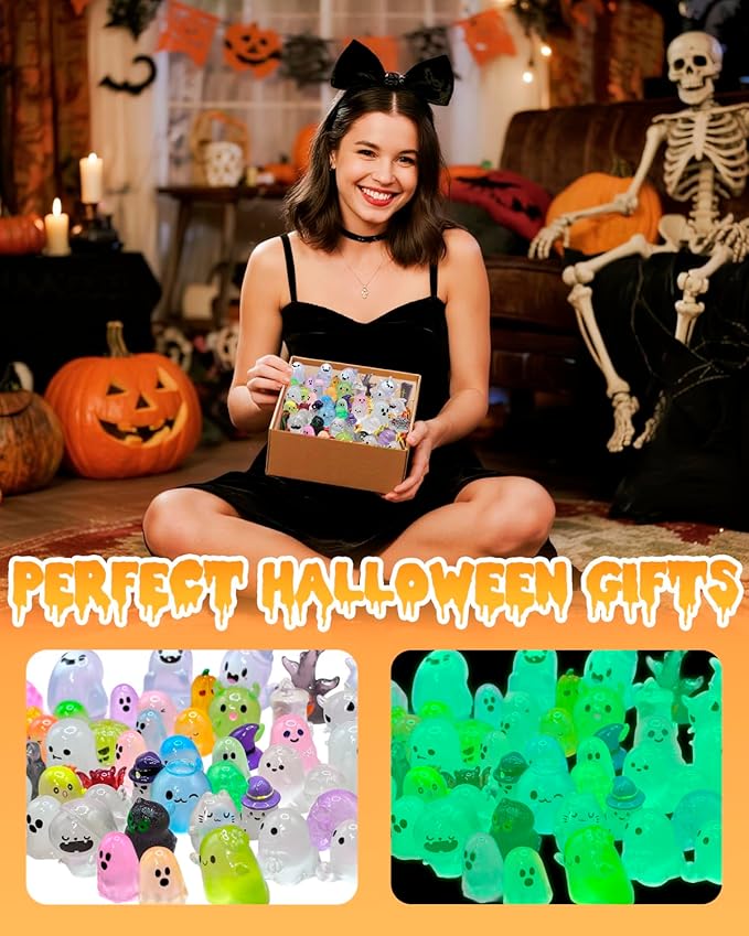 72 Pcs Halloween Mini Resin Animals Figures Kit - Luminous Tiny Resin Figurines Accessories, Glow in The Dark Miniature Ghost Figurines for Halloween Party, Micro Landscape, Tabletop Decor-CasaMuseHome