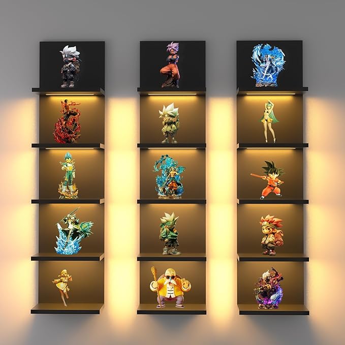 5 Tier Wall Shelf Unit, Black Modern Vertical Lack Wall Shelves with Light, Wall Mount, Floating Column Home Decor Shelves for Bedroom, Living Room, Vanity Storage Display-CasaMuseHome