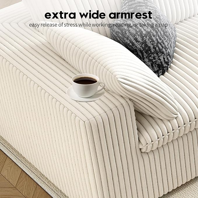 118" Cloud Couch Oversized Modular Sectional Sofa for Living Room,Modern Sofa with Deep Seat，V Shaped Boneless Couch,Comfy Upholstered Corduroy Couches for Apartment, Studio, Office,Bedroom，White-CasaMuseHome