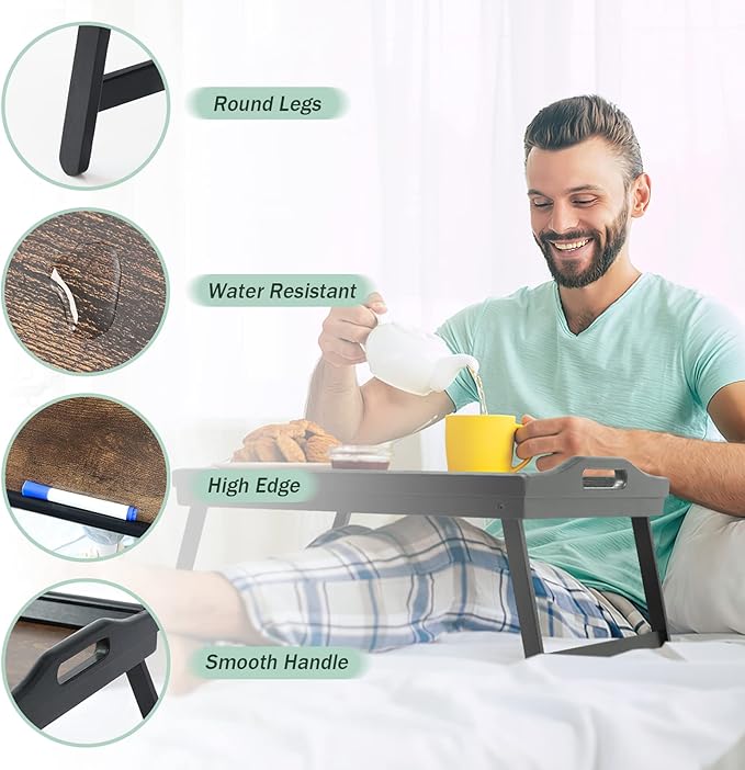 2 Pack Bed Tray Table Breakfast Trays Serving Tray Bamboo Bed Laptap Floding Legs with Handles and Phone Holders-CasaMuseHome