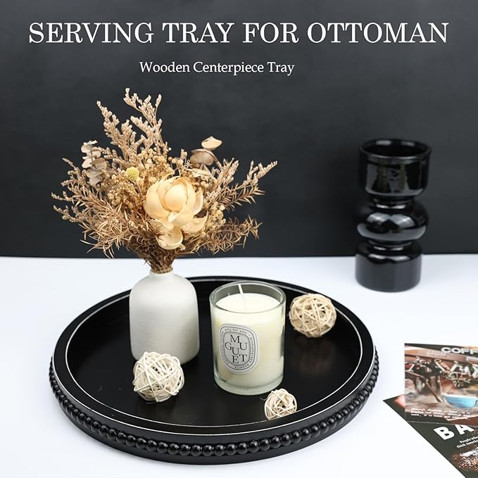 Round Black Wood Serving Tray with Beads, Wooden Decorative Tray for Entertaining, Decoration, and Gifting,-CasaMuseHome