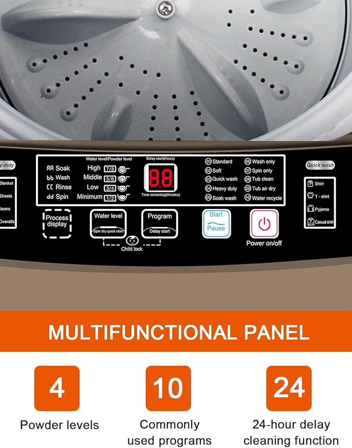 17.7 lbs Portable Washer Drain Pump, Full Automatic Washing Machine with LED Display, 10 Programs & 8 Water Levels Selections, Ideal for Camping, Apartment, Dorm, Glod-CasaMuseHome