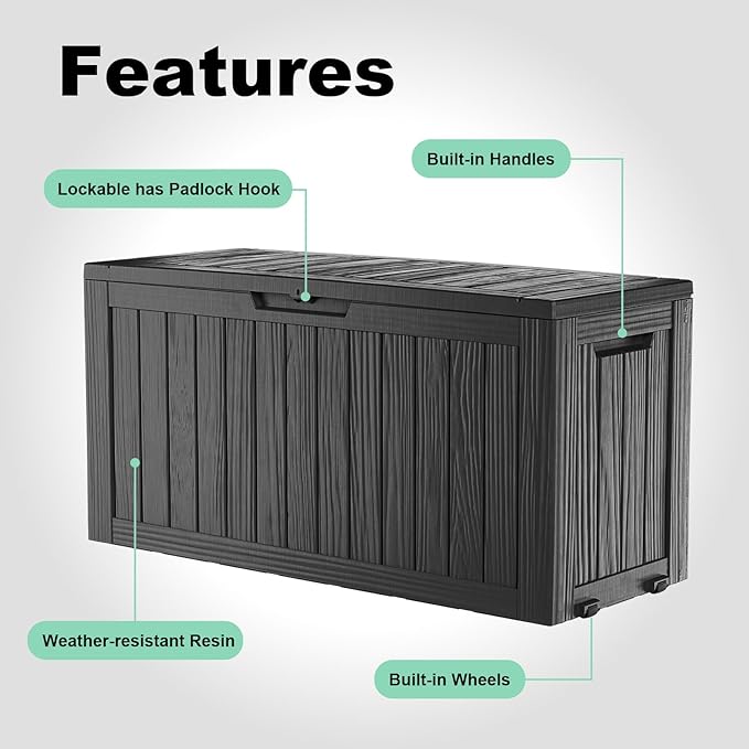75 Gallon Resin Deck Box, Lockable Outdoor Storage Box for Patio Cushions Storage Furniture,Garden Tools, Pool Supplies, Weatherproof and UV Resistant（Black）-CasaMuseHome
